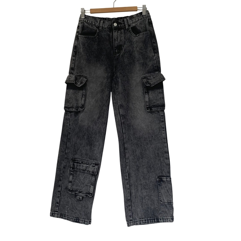Charlotte Russe Cargo Jeans Women S Black Acid Wash Wide Leg Streetwear Skater